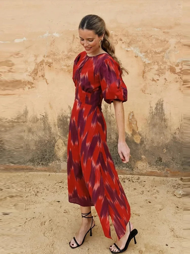 Fashion Backless Midi Dress For Women Summer Chic Print Short Puff Sleeves Split Long Dresses Female Holiday Beach Party Robe