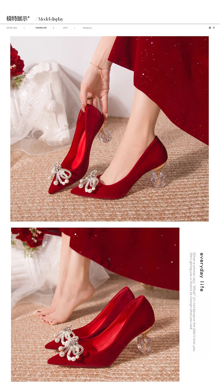 Wedding shoes bride shoes women new pearl thick heel shallow mouth pointed Xiuhe main wedding dress not tired foot single shoes