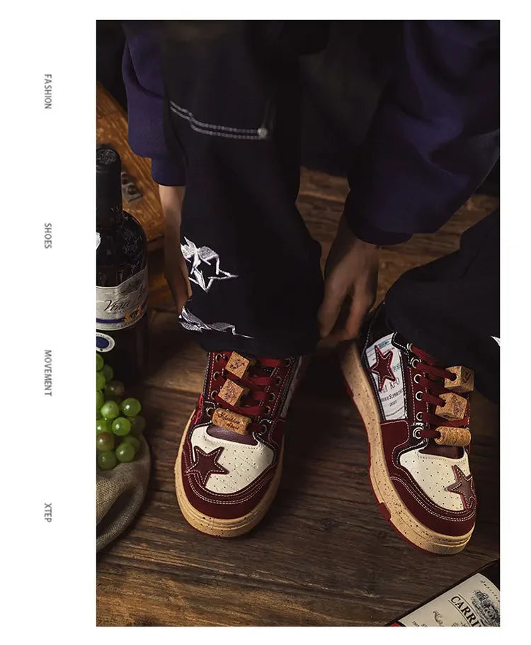 Trendy Red Wine Star Shoes 2024 Spring New Men's Casual Shoes Versatile Vintage Couple Shoes Male Genuine Leather Footwear