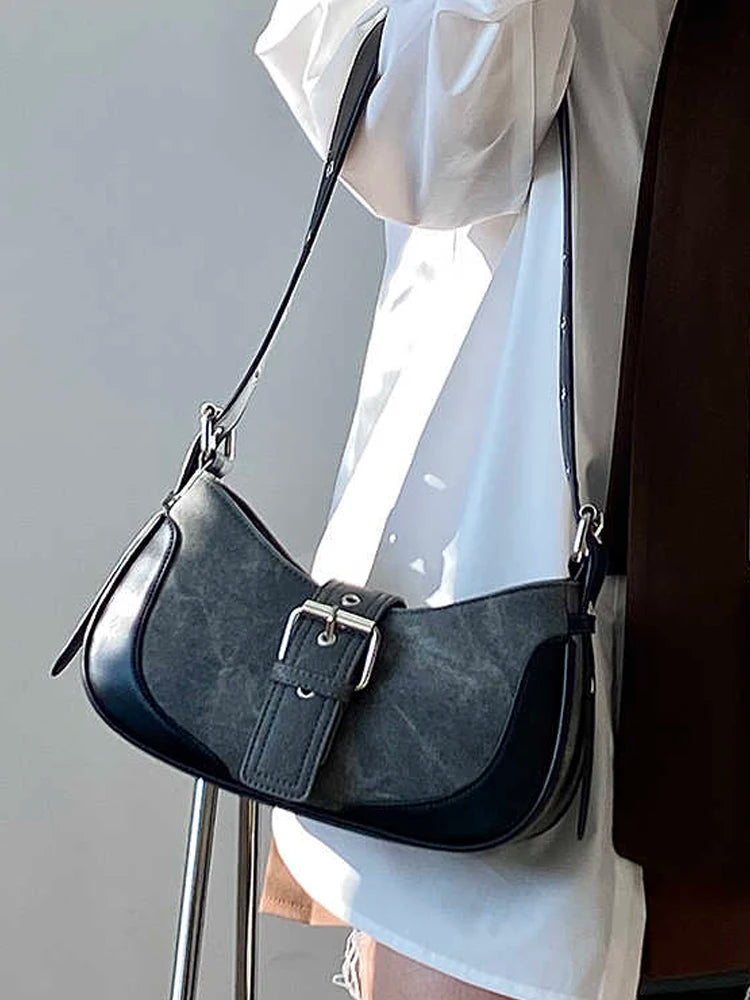 Retro Black Grey Underarm Bag for Women French Versatile Cool Girls Moto One Shoulder Bags Temperament Commuter Handbags Trend