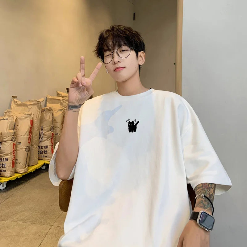 Men's Oversized T-shirts Fashion 5XL White Cotton T Shirt for Men Casual Summer Wear Funny Cat Print Tee Shirts Men Clothing