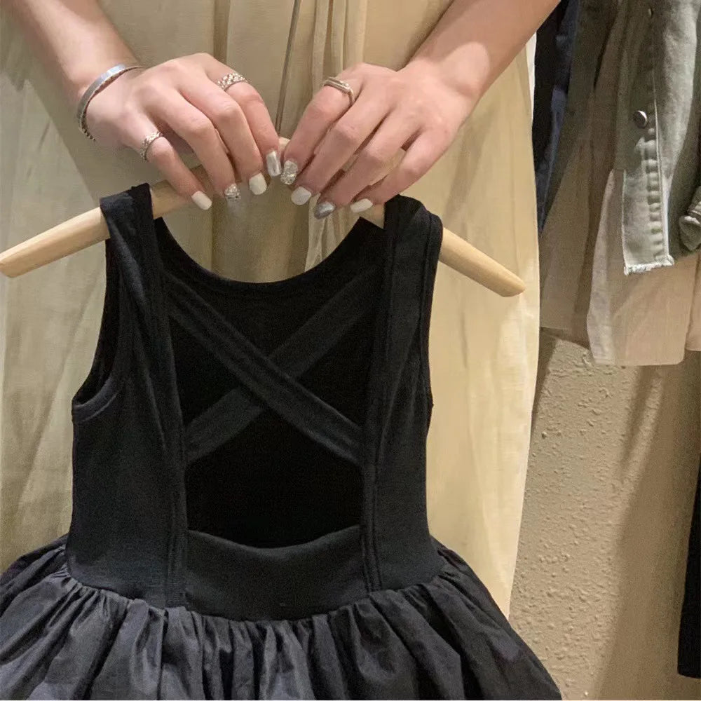 Summer Toddler Girls Dress Black Sweet Cool Wind Cross Backless Off Shoulder Party Princess Sleeveless Dresses For 1-7Y Girls