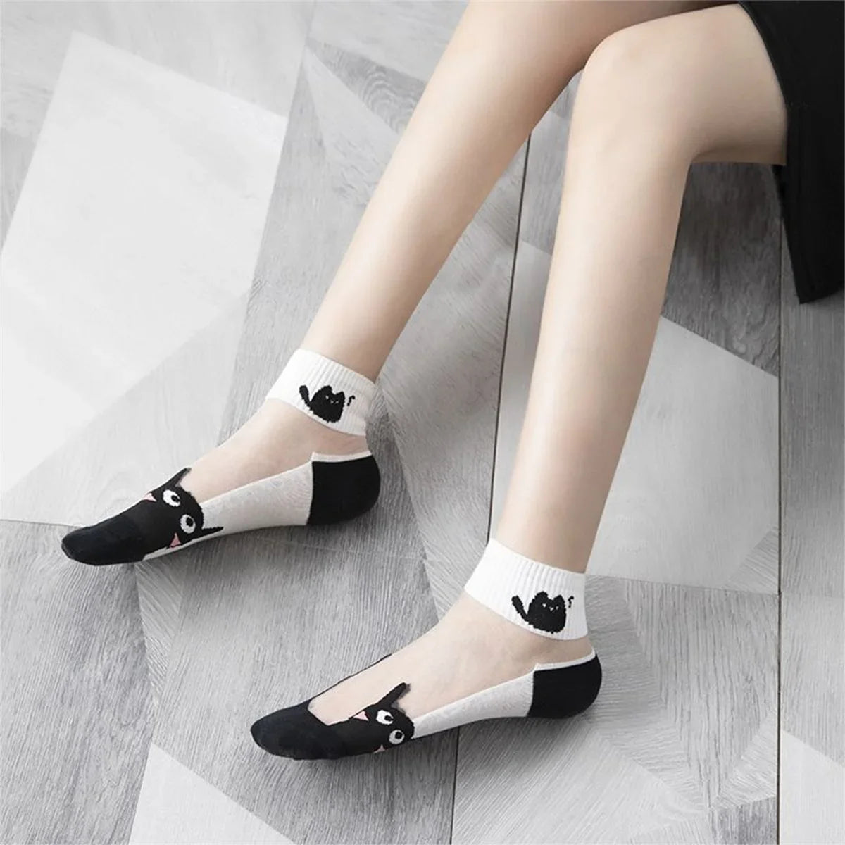 5Pairs Summer Socks Black White Cat Glass Silk Breathable Female Short Socks Simple Cute Footwear