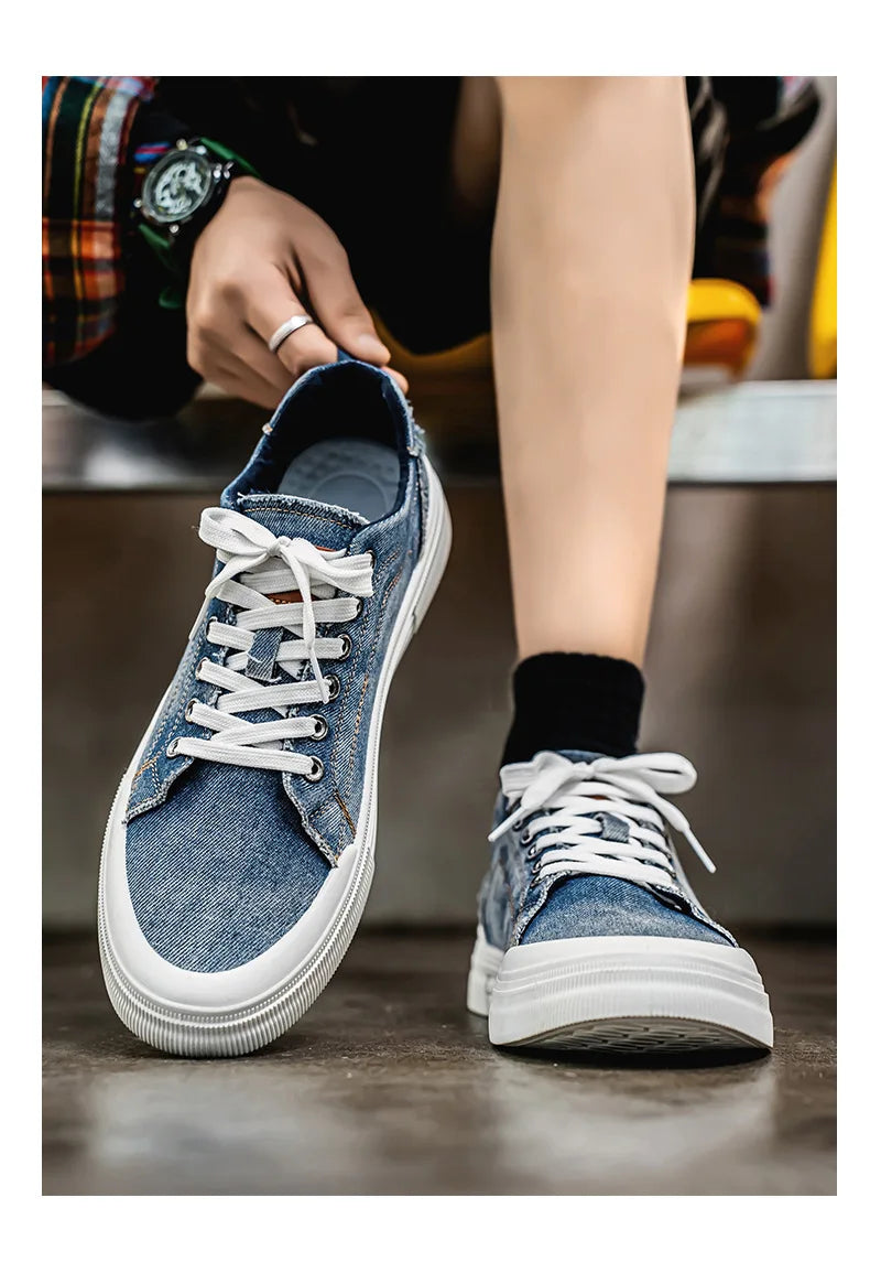 New streetwear denim sneakers men's fashion tied up runway shoes male canvas sneakers hip-hop shoes large size 47 48 boy trainer