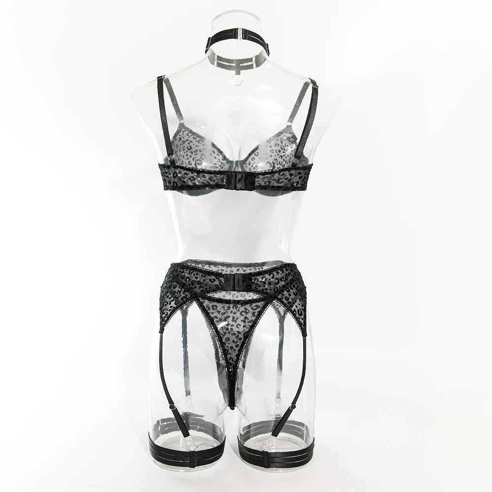 Yimunancy Leopard Flocking Bra Set Women Choker Transparent Bra + Brief Underwear Set 5-Piece Erotic Lingerie Garter Intimates
