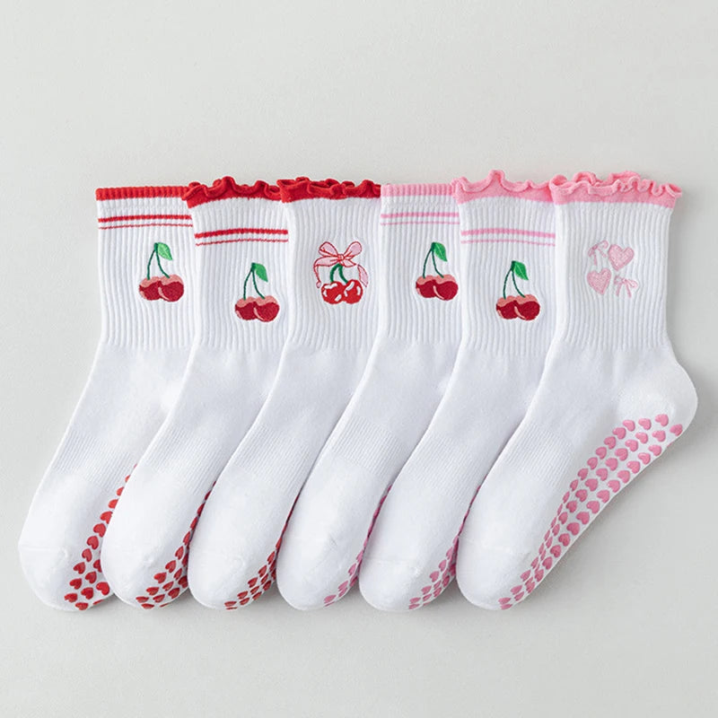 Yoga Socks Women Cotton Cherry Embroidered Lettuce-Edge Dot Silicone Non-slip Grip Pilates Crew Socks