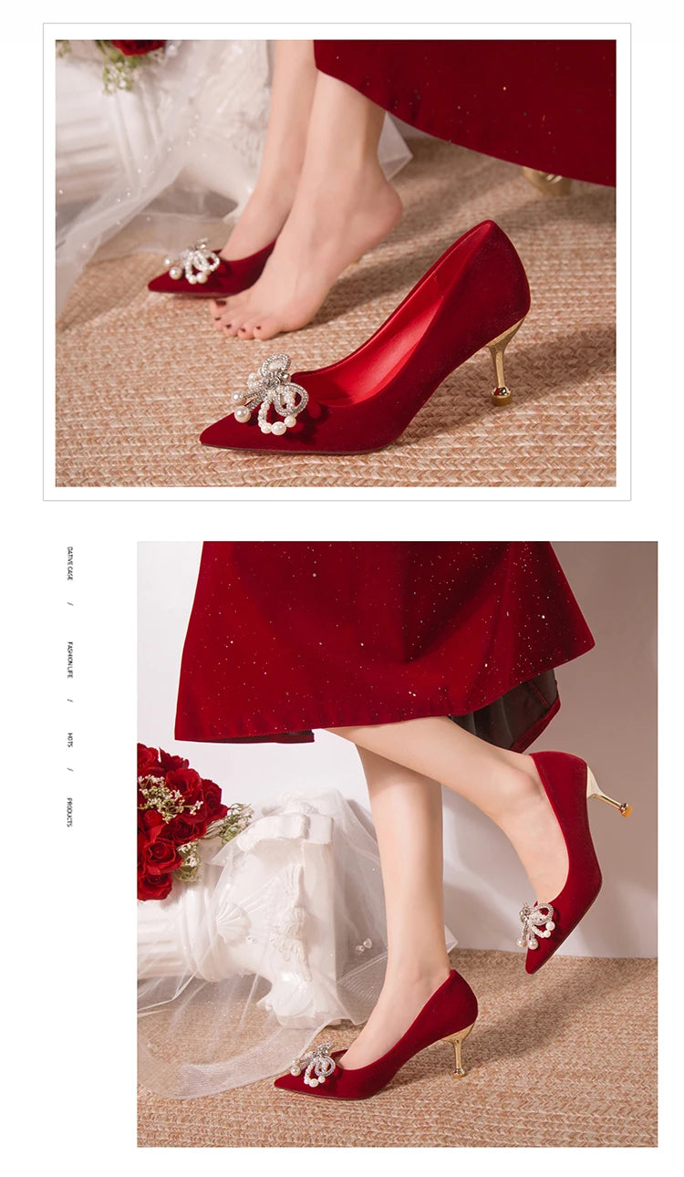 Wedding shoes bride shoes women new pearl thick heel shallow mouth pointed Xiuhe main wedding dress not tired foot single shoes