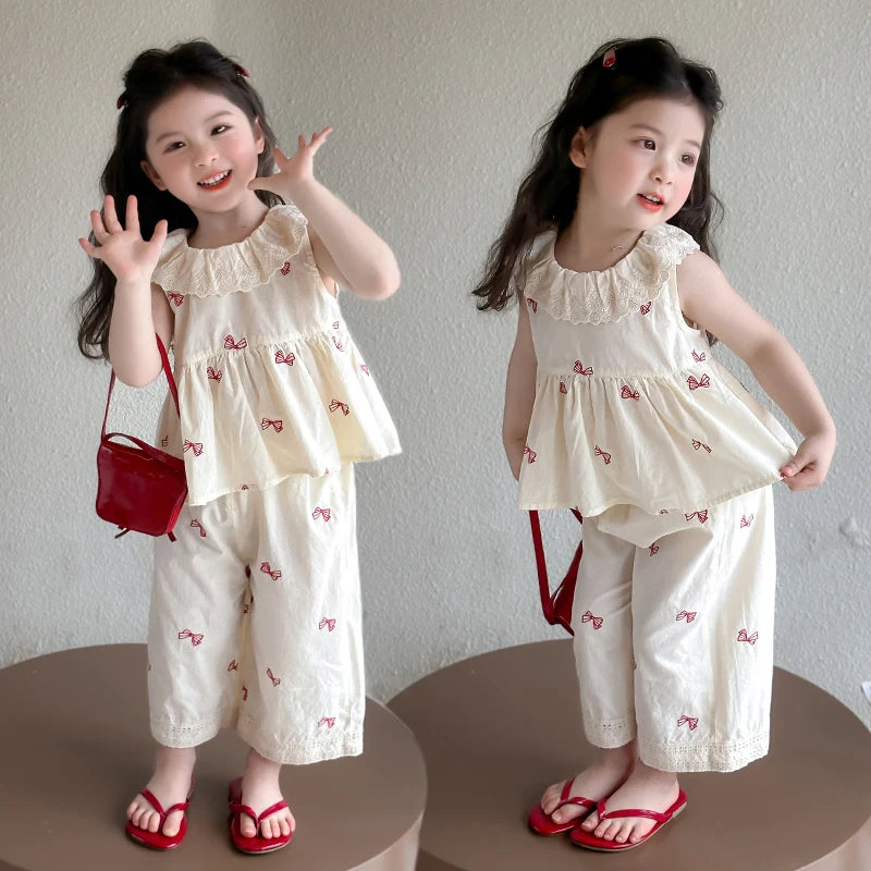 Girls Summer Embroidered Bow Two-piece set Baby Lace Collar Sleeveless Top Pants Sets Kids Clothes Set