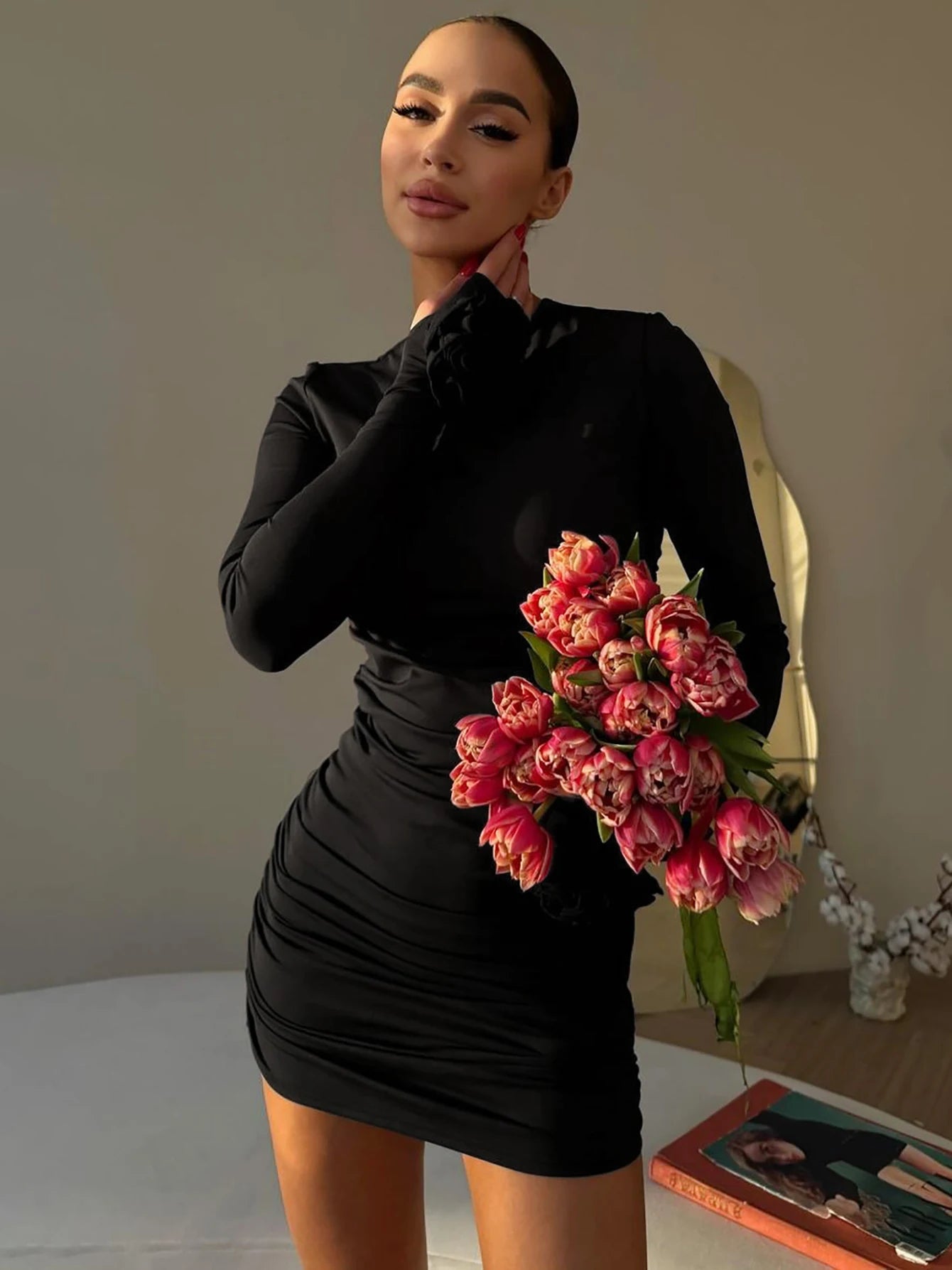 Hugcitar 2025 Elegant Solid Long Sleeve Tie Flowers Sexy Bodycon Pleated Mini Dress Spring Women Outfits Birthday Party Festival