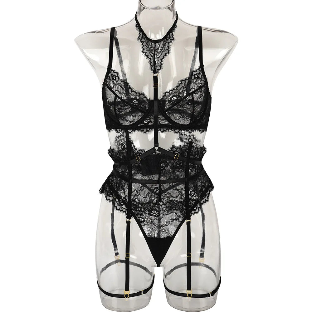 Diccvicc Beautiful Lingerie Eyelash Elegant Transparent Lace Bra Panty Set Floral Embroidery Women Sexy Underwear Exotic Outfit