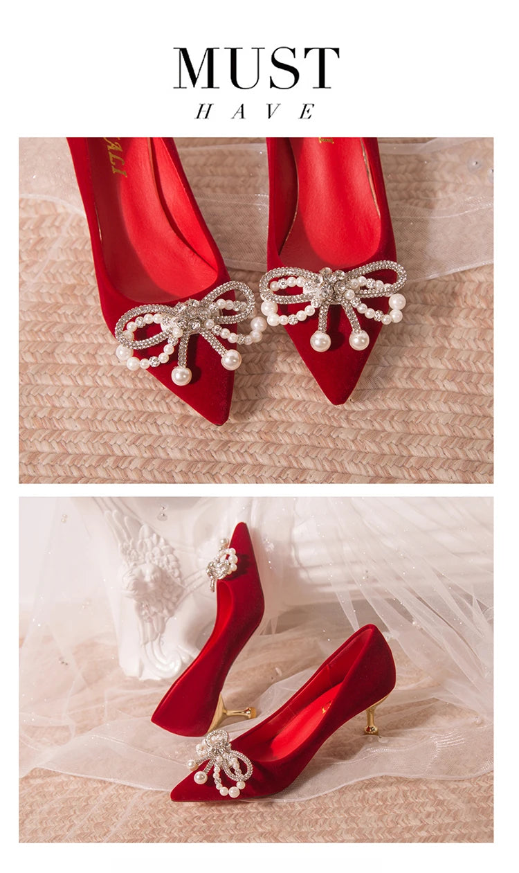 Wedding shoes bride shoes women new pearl thick heel shallow mouth pointed Xiuhe main wedding dress not tired foot single shoes