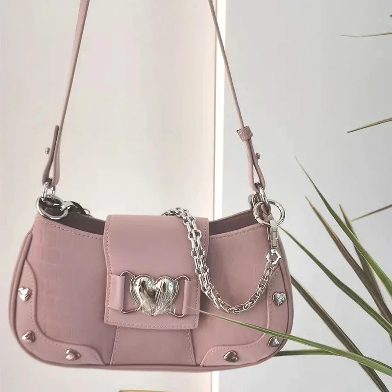 Hot Girls Y2k Handbag Women Vintage Sweet Cool Heart Chain Pink Underarm Bag Female Fairycore Aesthetic Shoulder Bag New Chain