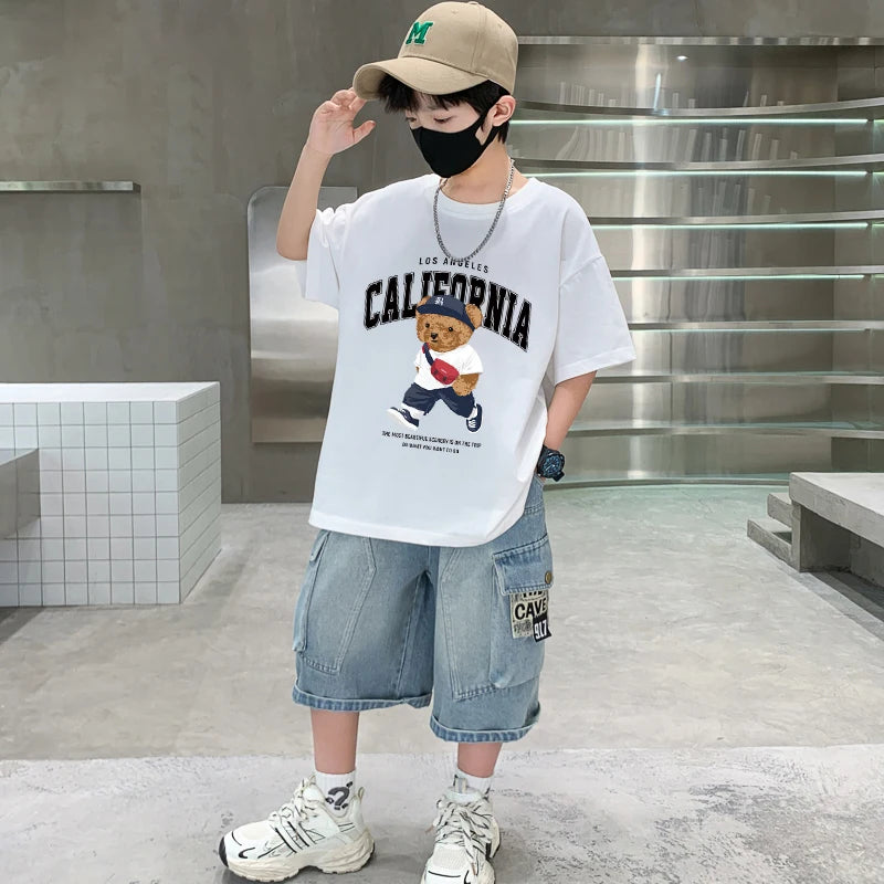 Boys Trendy Bear Print Graphic T Shirts Korean Children's Clothes 2025 Girls Cotton Short Sleeve Tops Tees Kids Clothes Summer