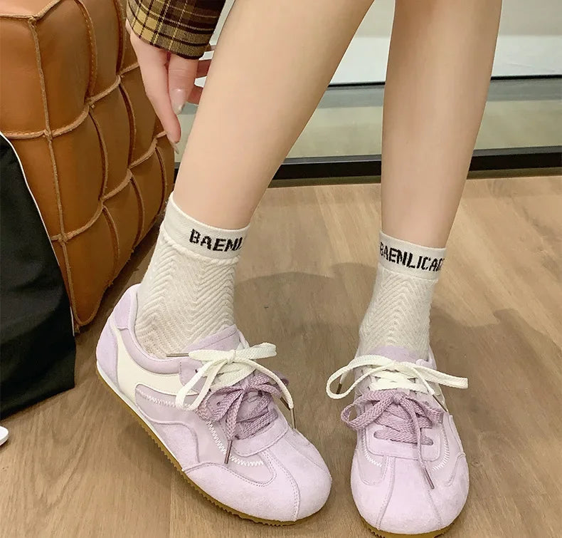 Women's Spring Summer Breathable Flat Casual Deqin Shoes Versatile Slip-On Flats Comfortable Polyurethane Outsole Striped Patter