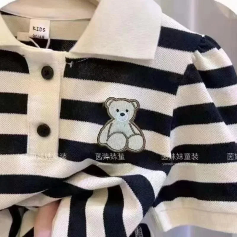 Summer Girl Dress Bear Embroidered Polo Neck Dresses Striped A-line Skirt Princess Skirt Soft and Comfortable Children Clothes