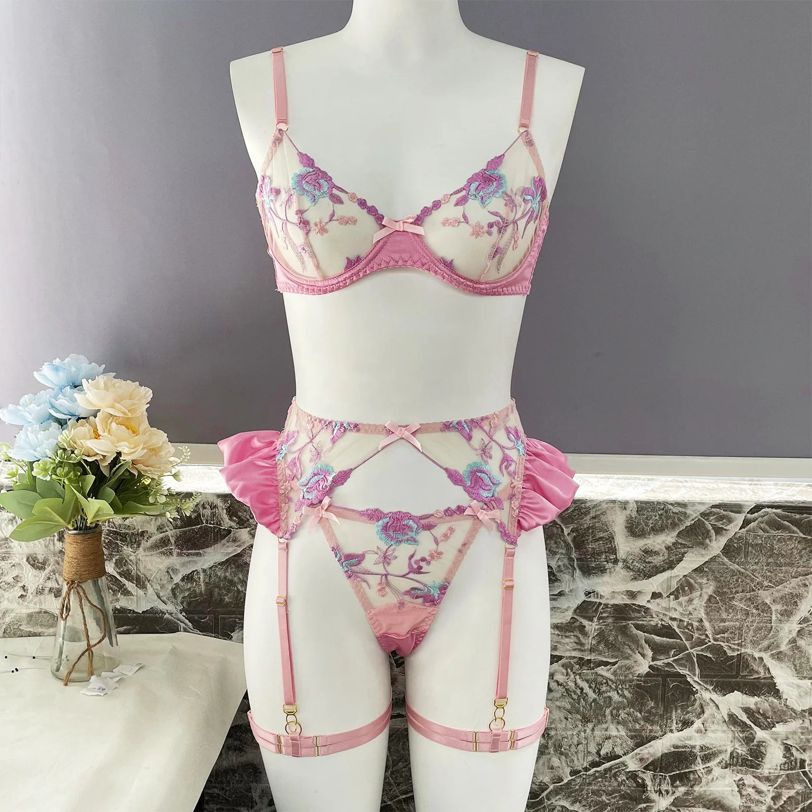Sexy Lingerie Set Women Ruffle Embroidery Push Up Bra Sheer Thongs Garter Belt 4-Piece Erotic Underwear Transparent Outfits