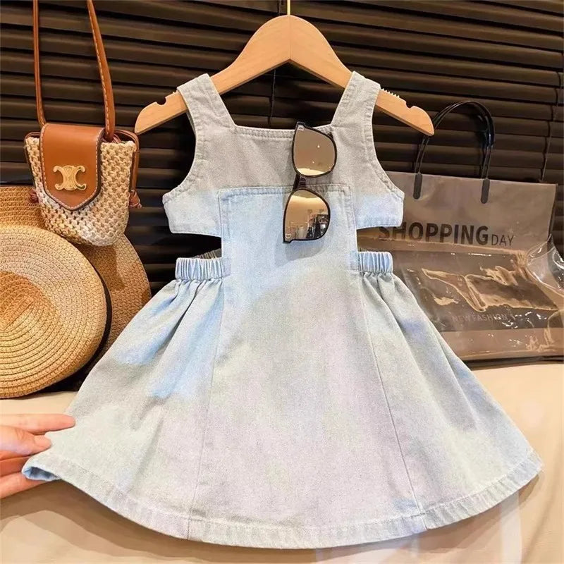 MILANCEL New Summer 2 - 7 Years Old Girls' Blue Denim Sling Dress with Waist - revealing Design - Stylish Summer Outfit