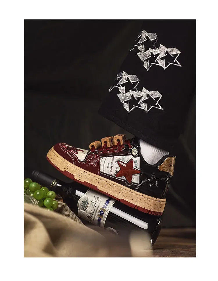 Trendy Red Wine Star Shoes 2024 Spring New Men's Casual Shoes Versatile Vintage Couple Shoes Male Genuine Leather Footwear