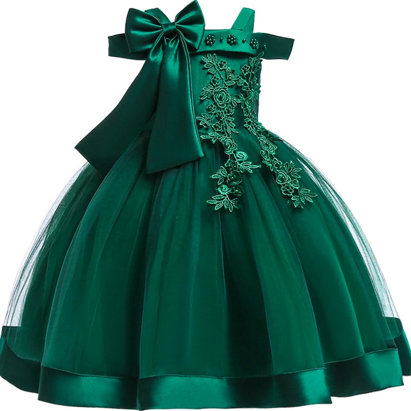 3-10 Years Kids Christmas Party Dresses For Girls Appliques Flower Elegant Wedding Dress With Bow Children Birthday Prom Gown