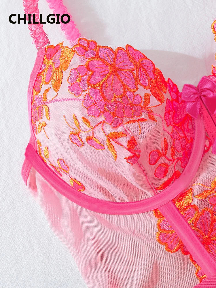 CHILLGIO Women Bodysuit Tops Embroidery Flowers Sexy Set Lingerie Sexy Thong Stockings Porn Fancy Sweet Underwear Bra Brief Suit