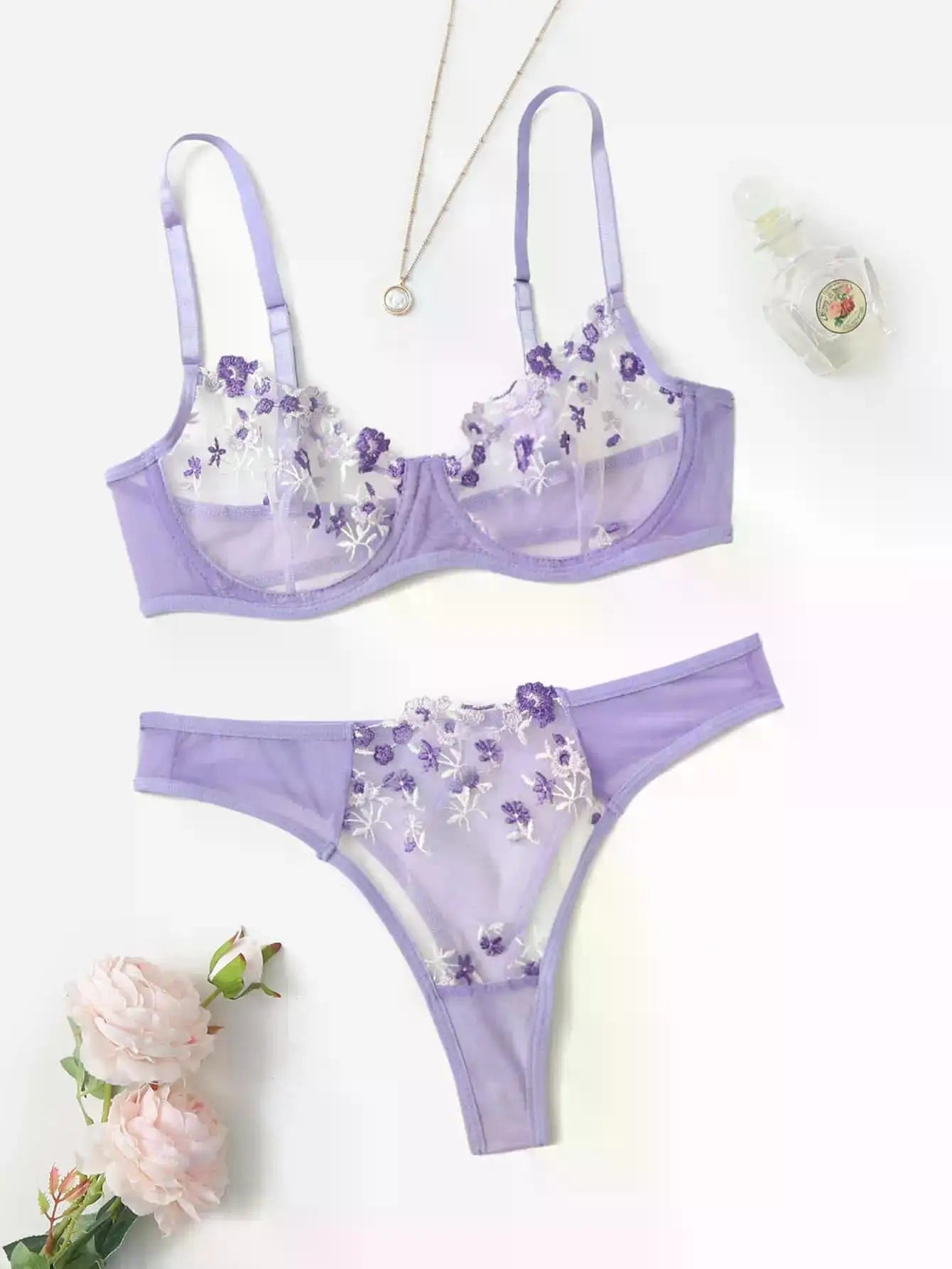 Transperant Lingerie Set Women Mesh Net Sexi Lenceria Sensual Mujer Bra Sets Embroidery Floral Underwired