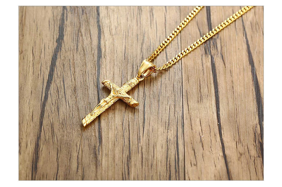 Vnox Cross Necklace for Men Women,Catholicism Jesus Pendant,Gold Color Stainless Steel Unisex Collar,Church Prayer Faith Jewelry