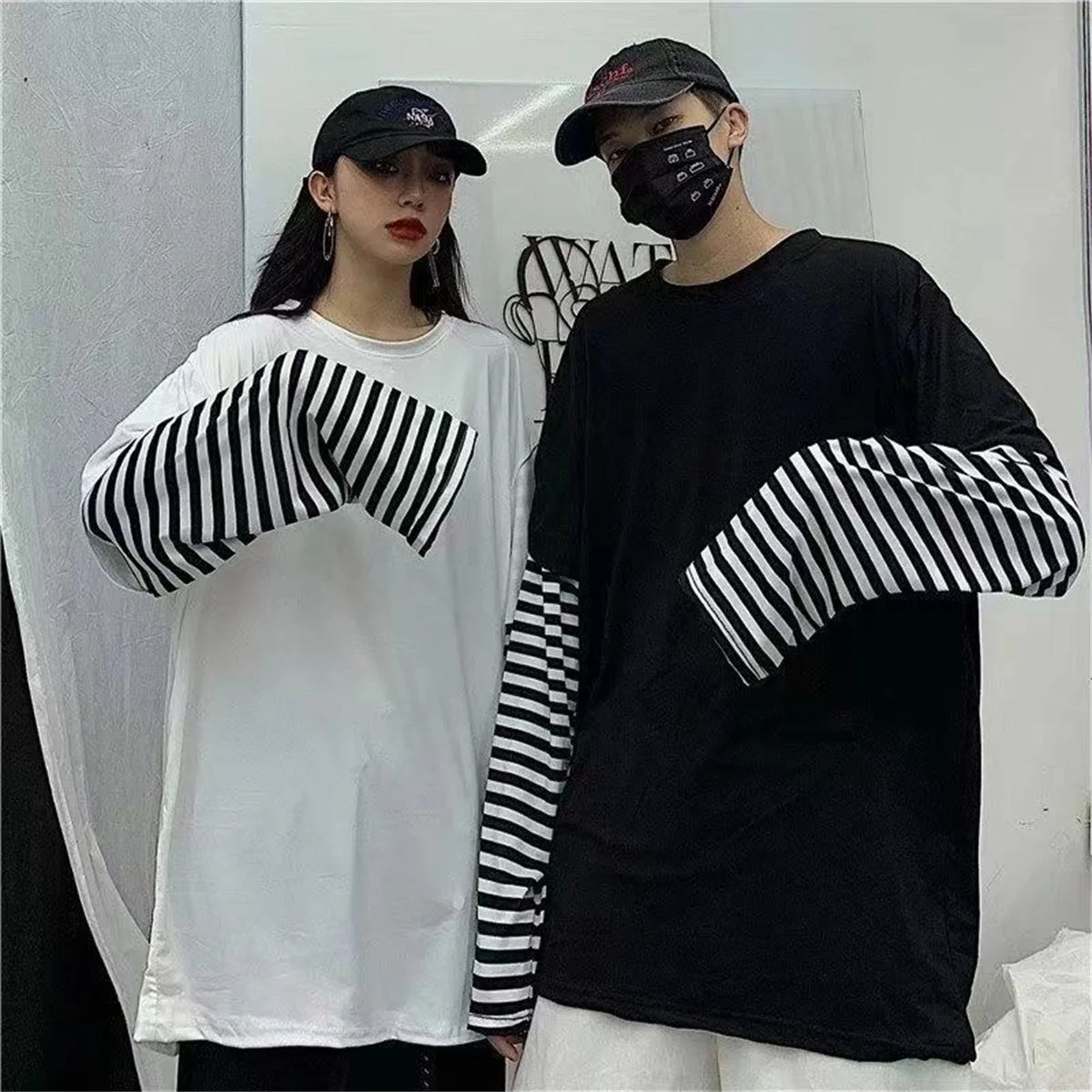 Long Sleeve Fake Two-piece T Shirt Striped Big Shirts Men Clothing Men Fashion Oversized Tees Clothes Tshirt Harajuku Tops Femme