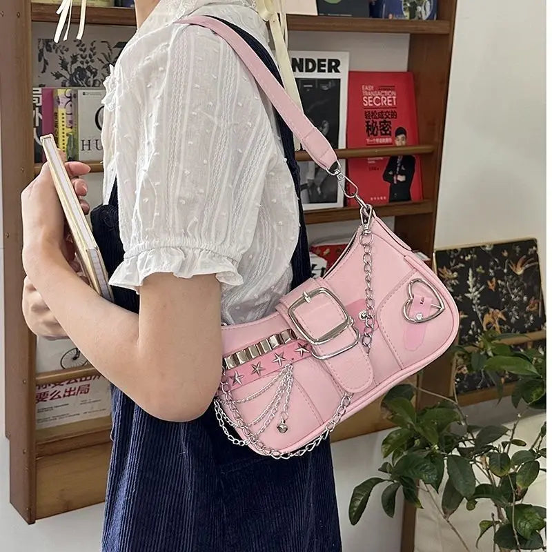 Fashion Hot Girls Square Shoulder Bags Retro Rivet Star Women's Underarm Bag Sweet Pu Leather Female Chain Handbags Pink Purse