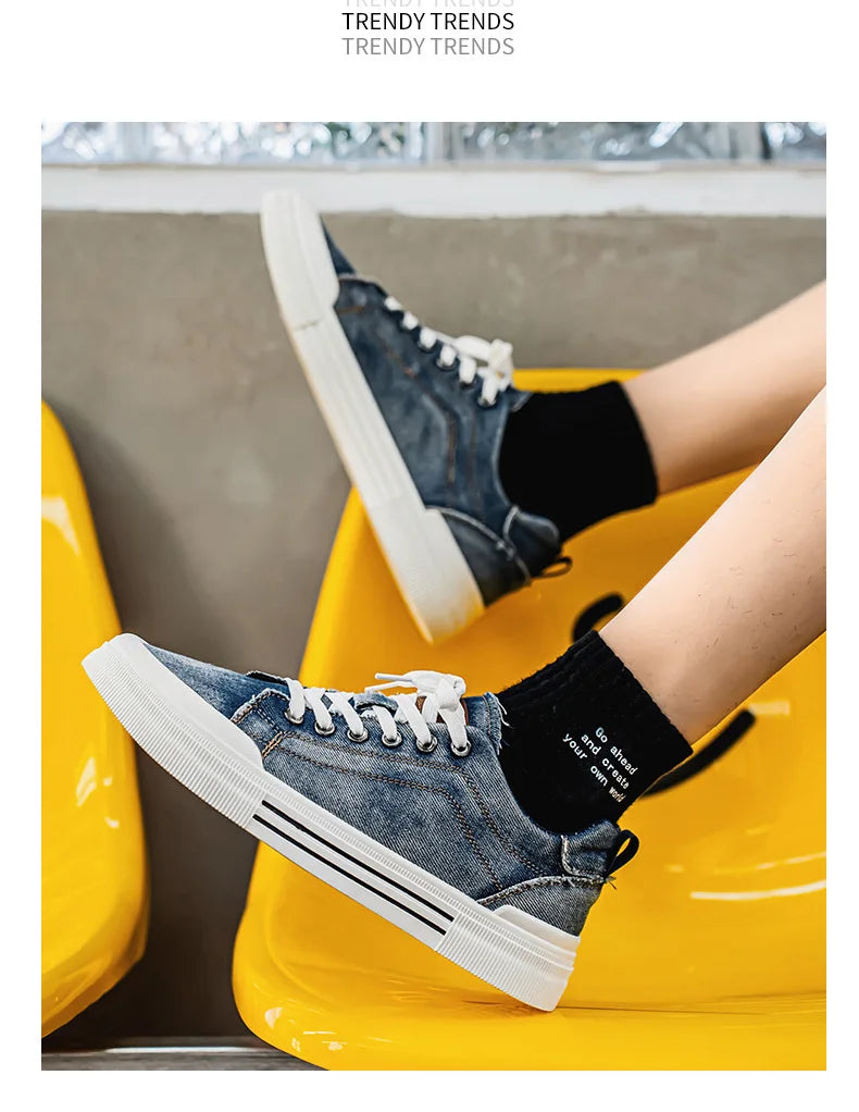 New streetwear denim sneakers men's fashion tied up runway shoes male canvas sneakers hip-hop shoes large size 47 48 boy trainer