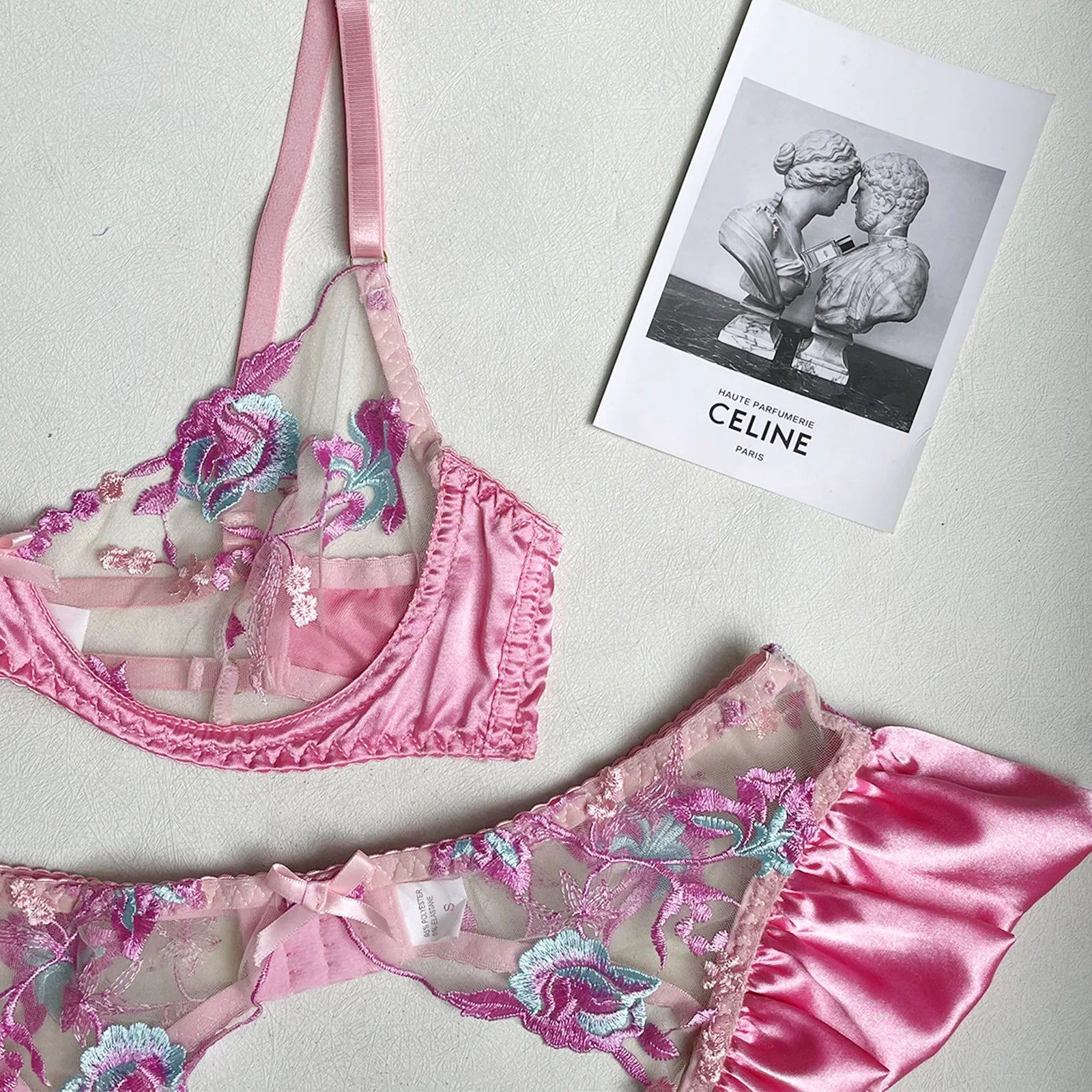 Sexy Lingerie Set Women Ruffle Embroidery Push Up Bra Sheer Thongs Garter Belt 4-Piece Erotic Underwear Transparent Outfits