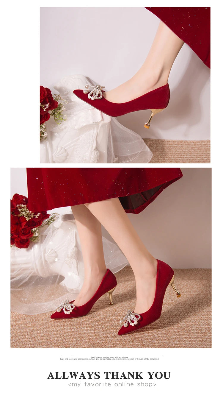 Wedding shoes bride shoes women new pearl thick heel shallow mouth pointed Xiuhe main wedding dress not tired foot single shoes