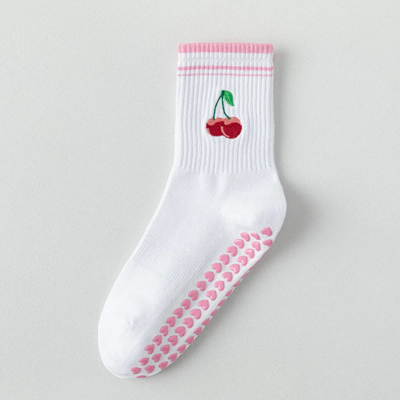 Yoga Socks Women Cotton Cherry Embroidered Lettuce-Edge Dot Silicone Non-slip Grip Pilates Crew Socks