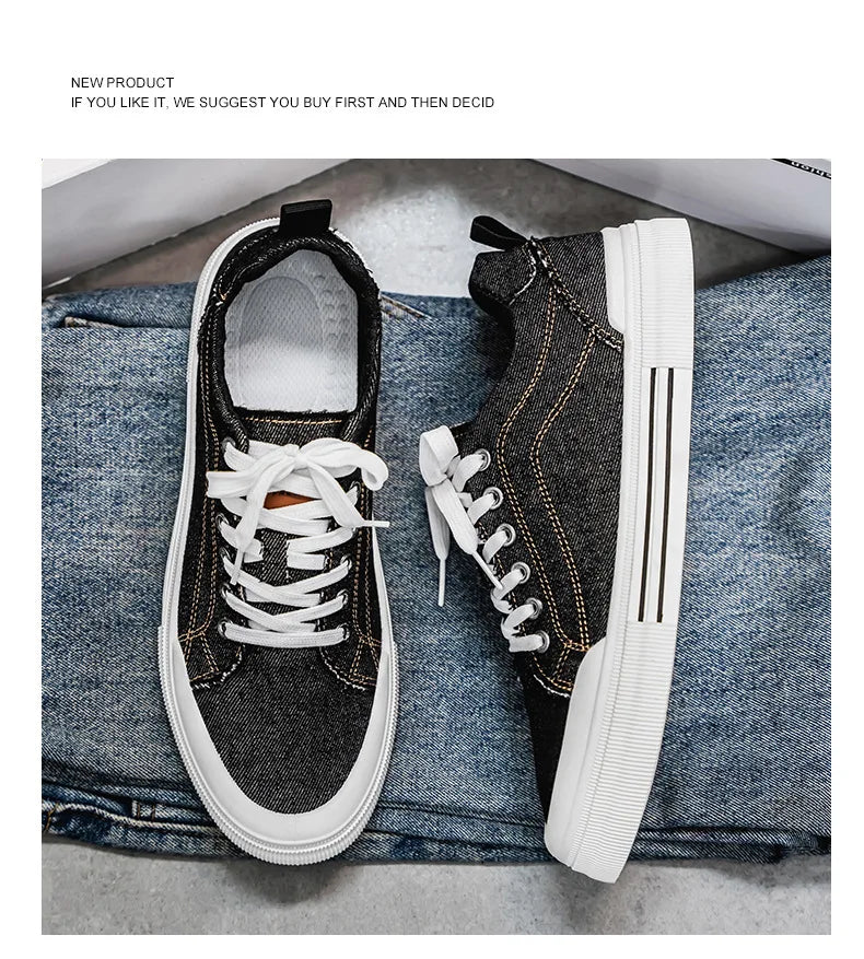 New streetwear denim sneakers men's fashion tied up runway shoes male canvas sneakers hip-hop shoes large size 47 48 boy trainer