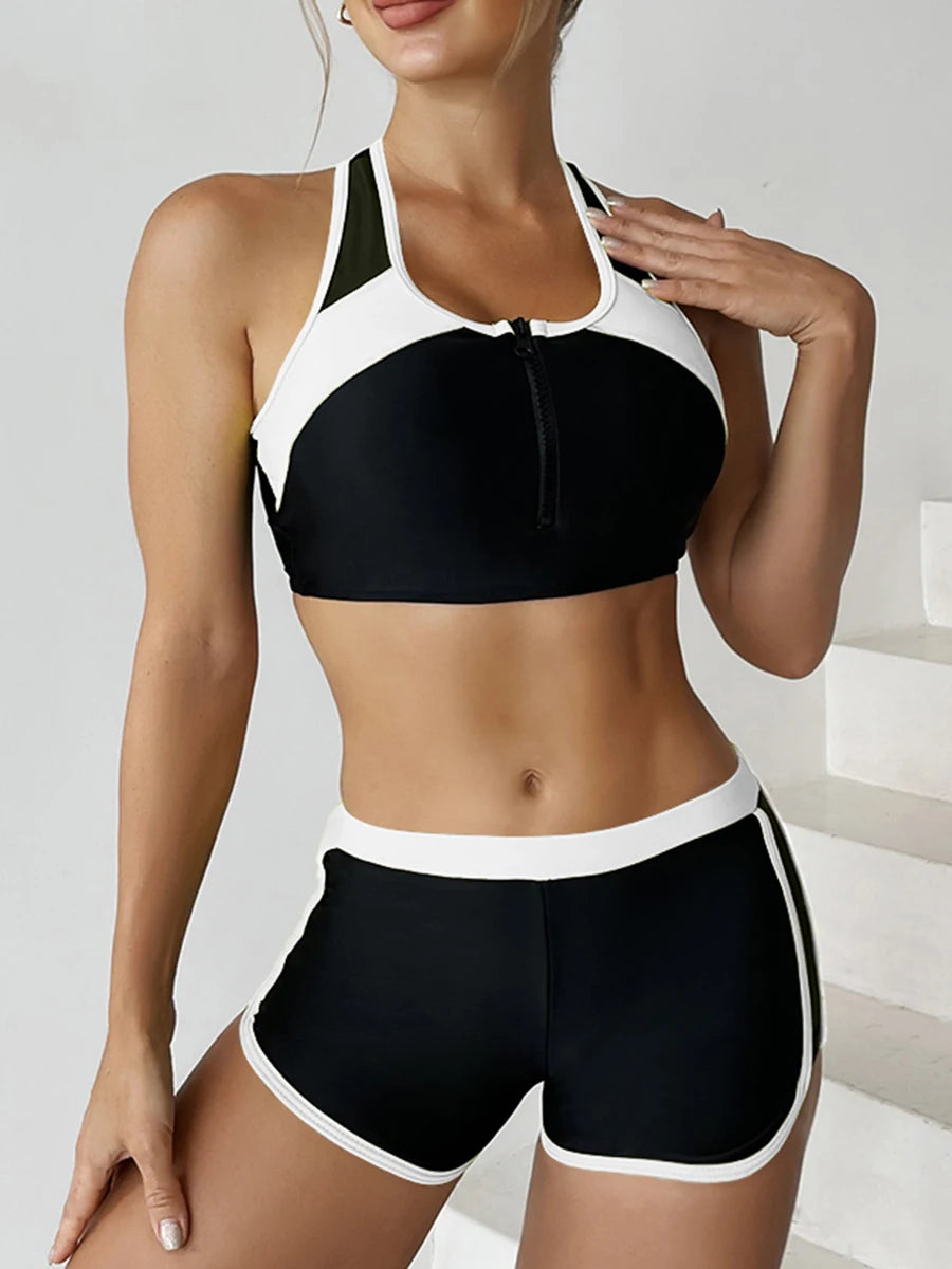2025 Zipper Bikini Set Two Piece Swimsuit Women With Shorts Sports Swimwear Female Bathing Swimming Suit Beach Wear Summer