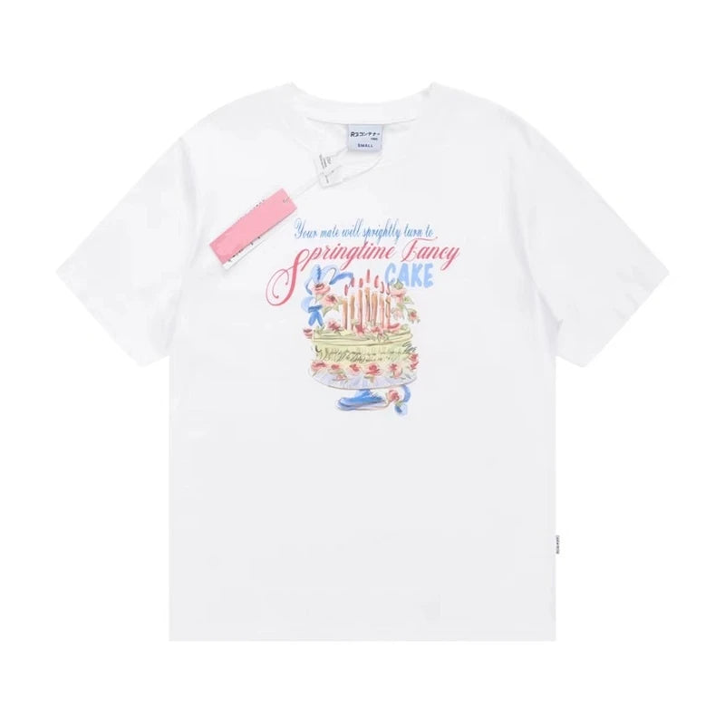 LOTDOOTN Loose Short Sleeve T-Shirt Cake Print Sweet Design Korean Casual Cotton Crew Neck Tops Female Summer Fashion Tee Shirts