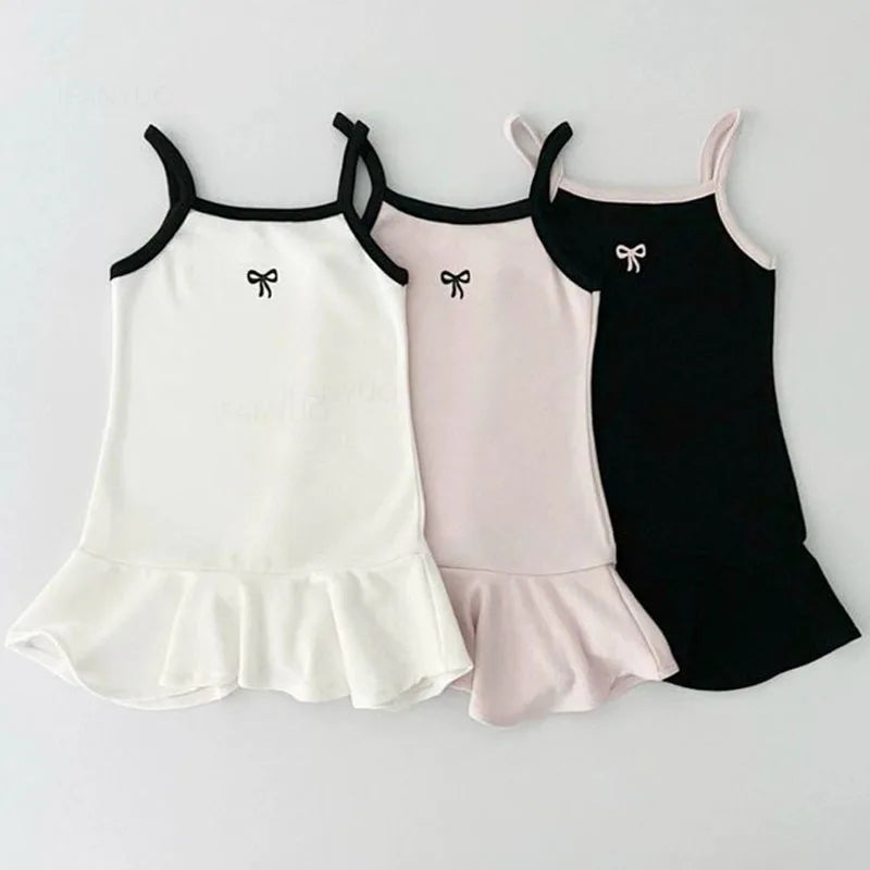 2025 Summer New Girls Sling Vest Kids Long T-Shirts Cute Bowknot kids Sleeveless Princess Casual Dresses Cotton Children Clothes