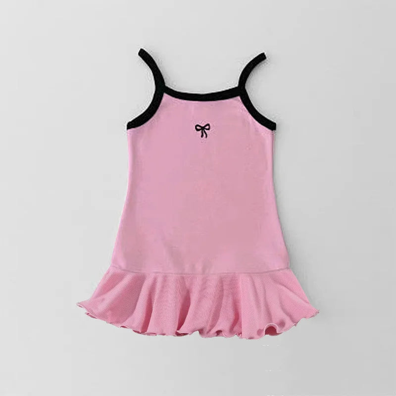 2025 Summer New Girls Sling Vest Kids Long T-Shirts Cute Bowknot kids Sleeveless Princess Casual Dresses Cotton Children Clothes