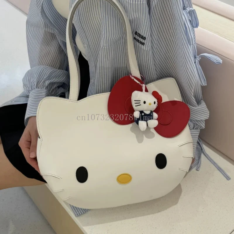 Sanrio Hello Kitty Shoulder Bags Cute Cartoon Bow Large Capacity PU Handbag Y2k Fashion Student Commuting Tote Bag for Girl Gift