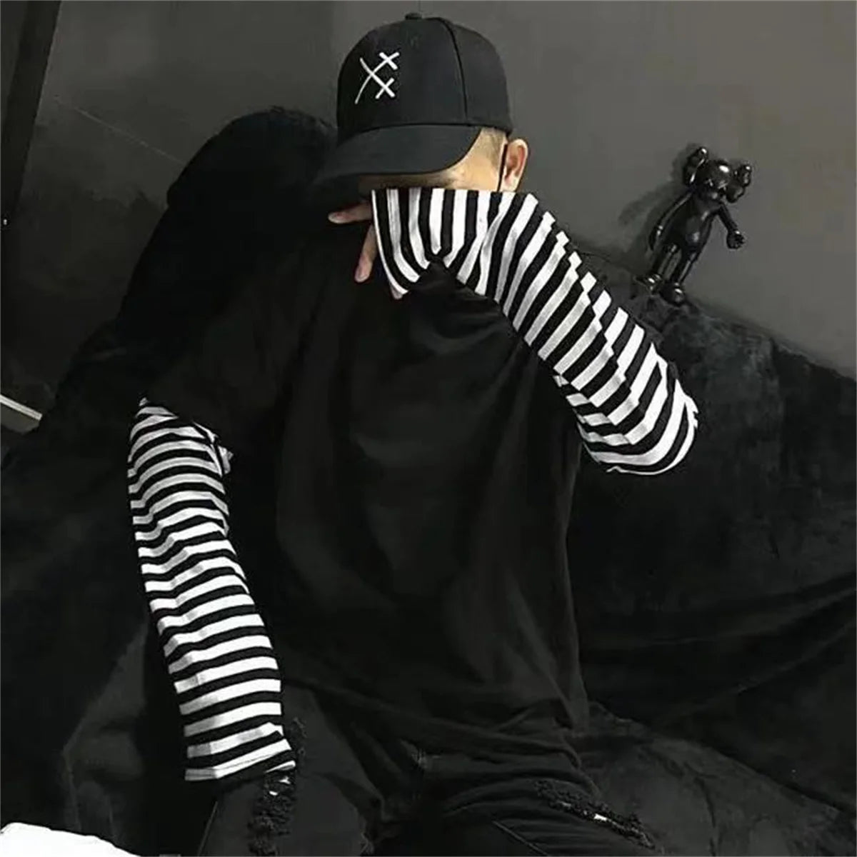 Long Sleeve Fake Two-piece T Shirt Striped Big Shirts Men Clothing Men Fashion Oversized Tees Clothes Tshirt Harajuku Tops Femme