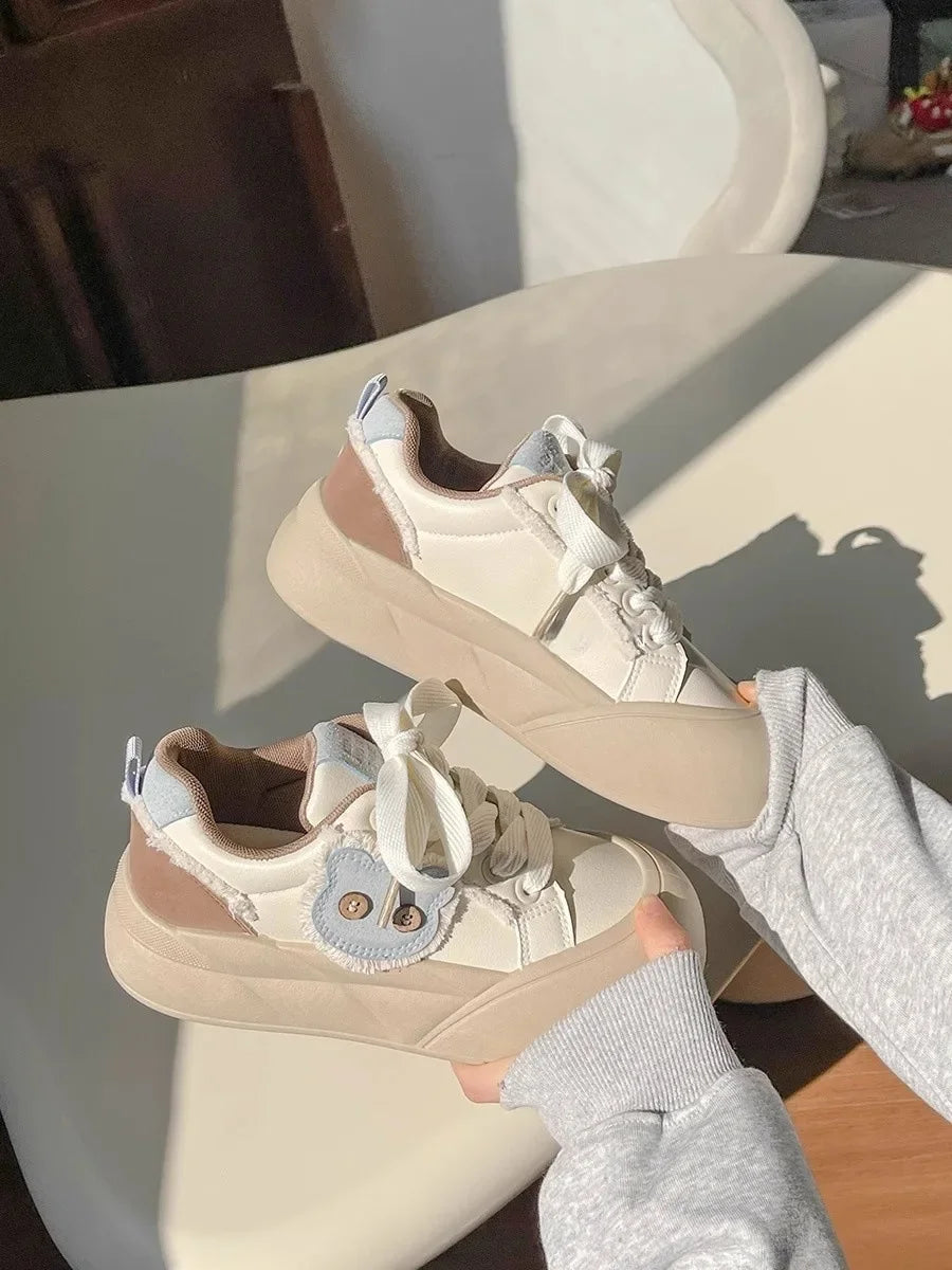 Spring Women's Dopaamine Board Shoes Versatile Thick Bottom Bread Style Casual Chic Sneakers Rubber Outsole Anti-Slip Synthetic