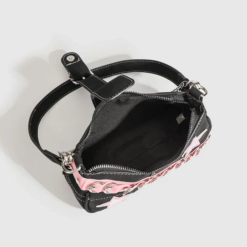 Y2K Fashionable Spliced Color Contrast Pink Star Denim Underarm Bag Commute Shoulder Bag Soft Square Shape Mobile Phone Pocket