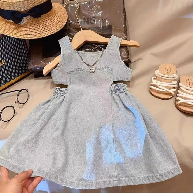 MILANCEL New Summer 2 - 7 Years Old Girls' Blue Denim Sling Dress with Waist - revealing Design - Stylish Summer Outfit