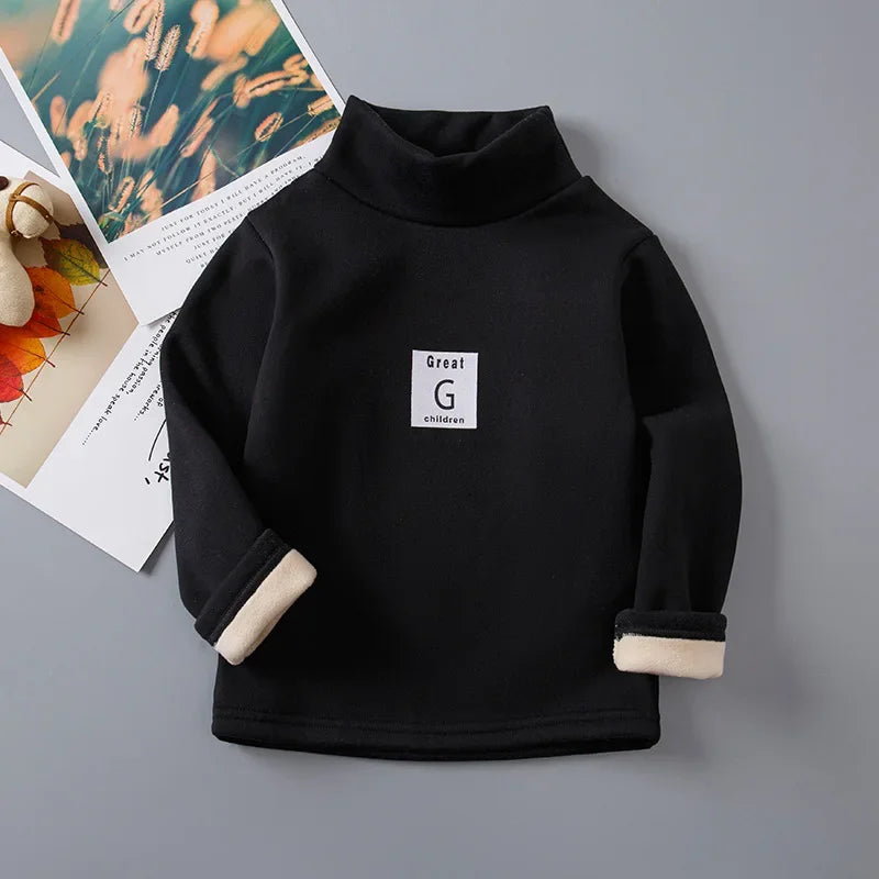 Children's Autumn Winter Fleece-Lined Sweatshirt Casual Style Middle Neck Base Layer Top Outer Wear Boys Girls Home Clothes