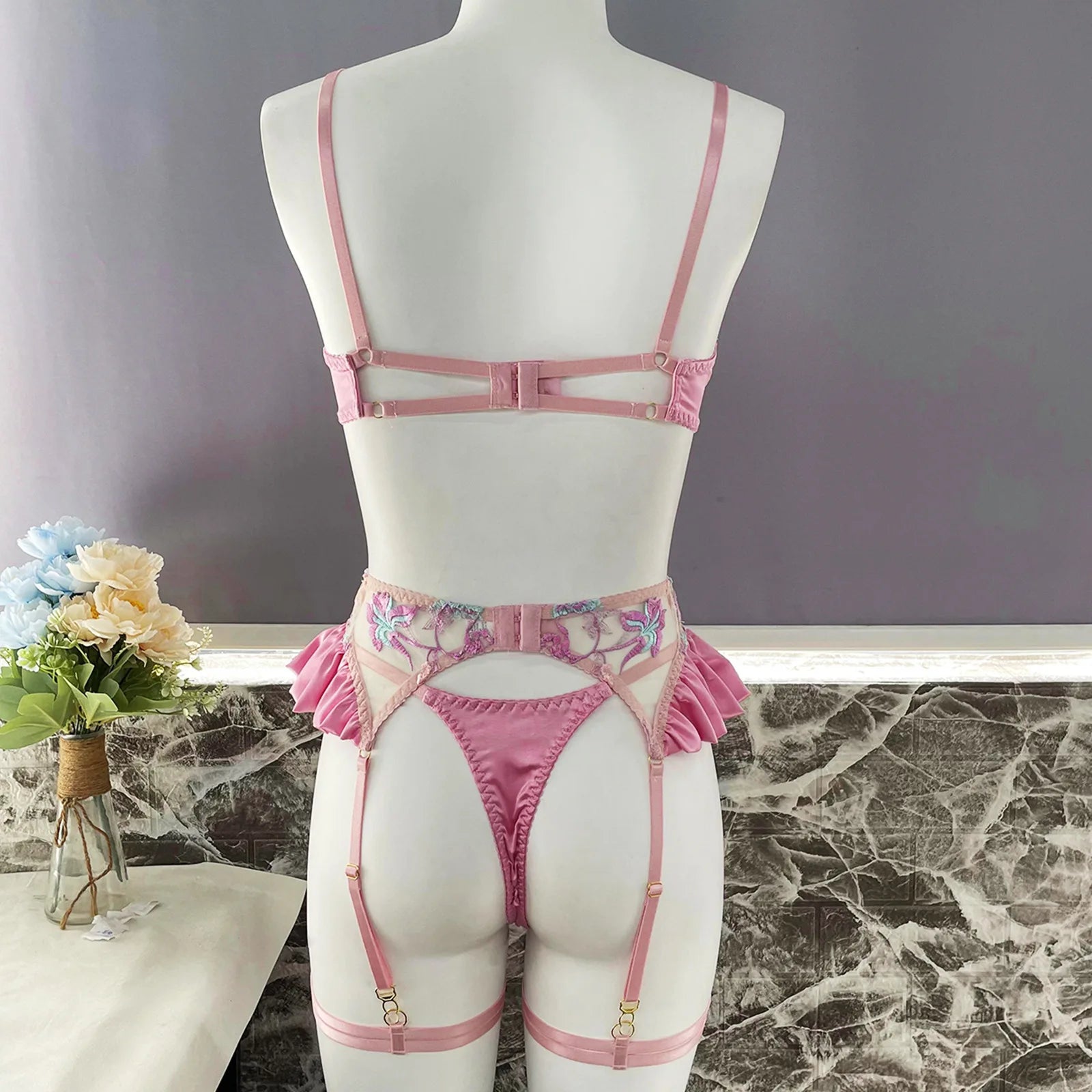 Sexy Lingerie Set Women Ruffle Embroidery Push Up Bra Sheer Thongs Garter Belt 4-Piece Erotic Underwear Transparent Outfits