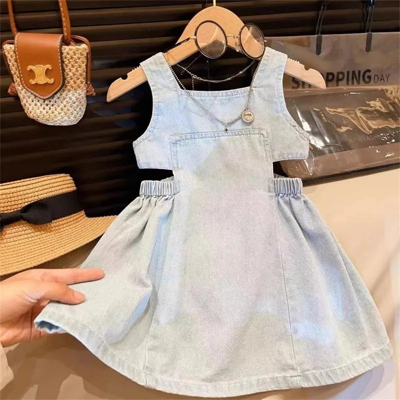 MILANCEL New Summer 2 - 7 Years Old Girls' Blue Denim Sling Dress with Waist - revealing Design - Stylish Summer Outfit
