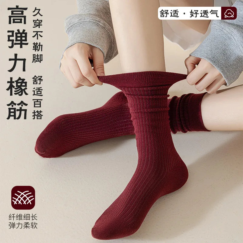 Women's Ankola Red Socks Autumn and Spring Cotton Trendy Japanese Style Middle Tube Socks Pile Socks