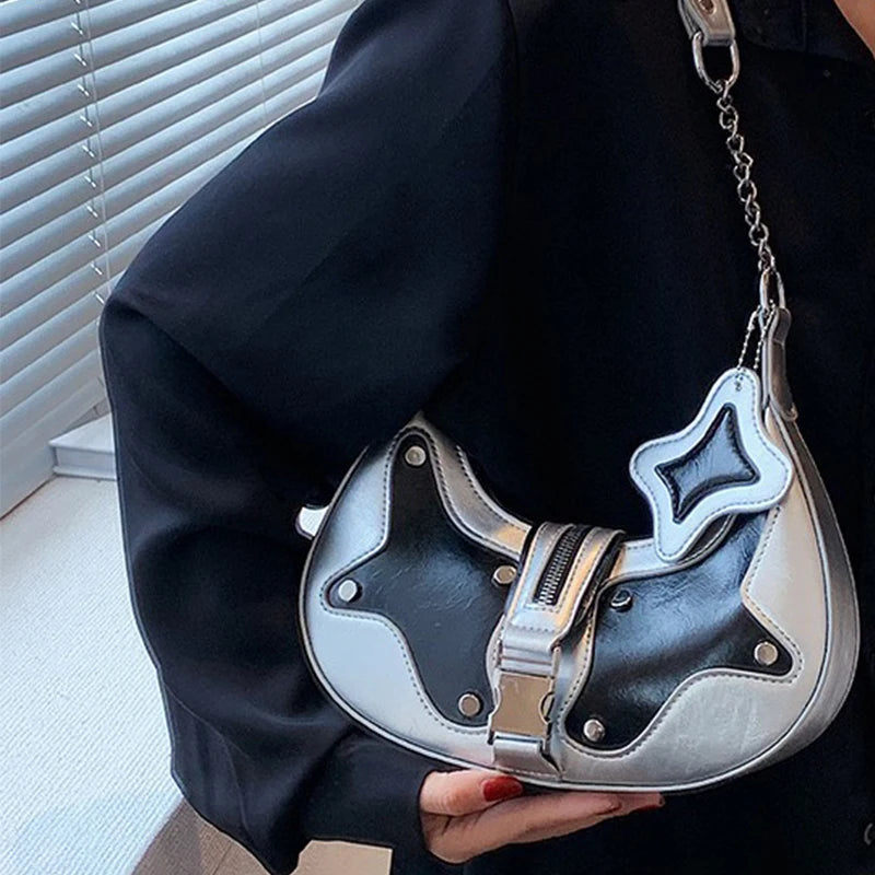 2025 New Star Moon Studded Motorcycle Bag Contrast Color Underarm Shoulder Bag Women's Edgy Crossbody Purse