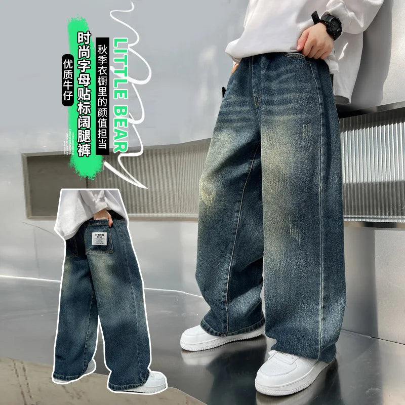 Boys Jeans Spring and Autumn New Teenage Children's Casual Retro Loose Straight Leg Wide-leg Pants Kids Handsome Pants
