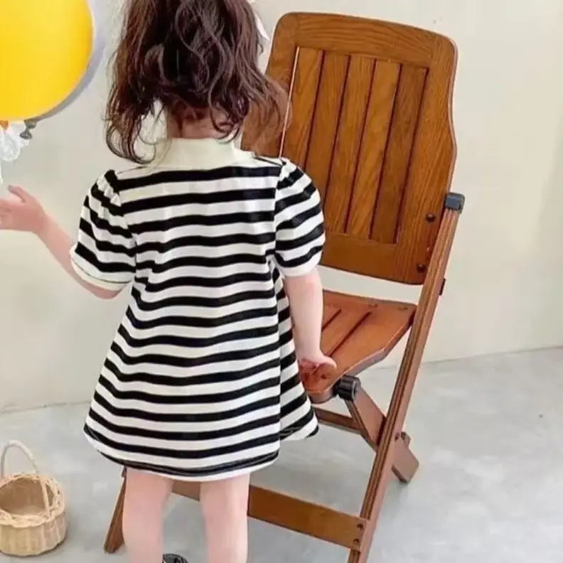 Summer Girl Dress Bear Embroidered Polo Neck Dresses Striped A-line Skirt Princess Skirt Soft and Comfortable Children Clothes