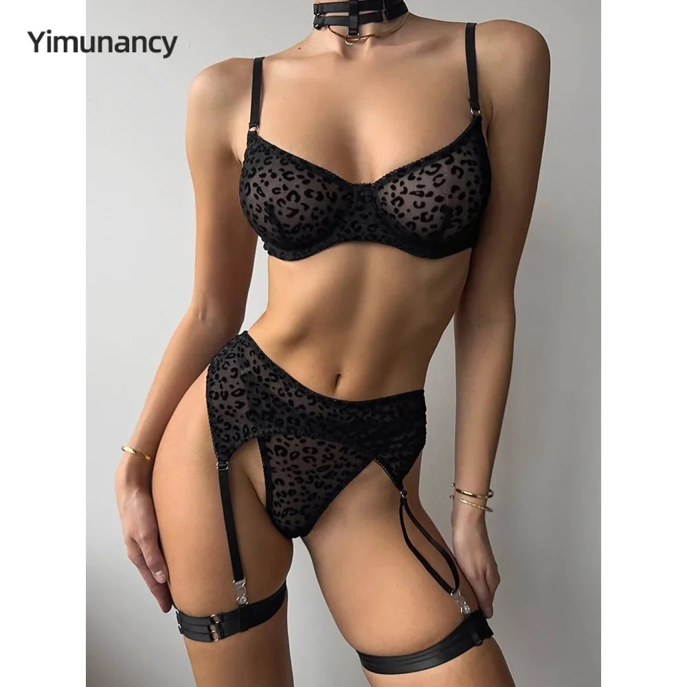 Yimunancy Leopard Flocking Bra Set Women Choker Transparent Bra + Brief Underwear Set 5-Piece Erotic Lingerie Garter Intimates